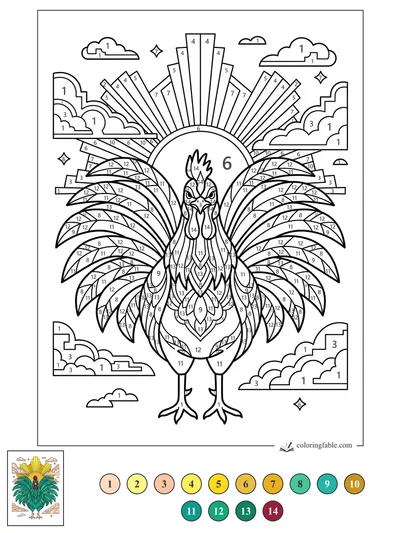 Art Deco Rooster with Sunburst Feathers — color by number