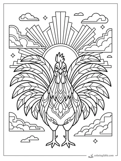 Art deco rooster with spread feather wings, sunburst rays, stepped clouds, and small diamond stars.
