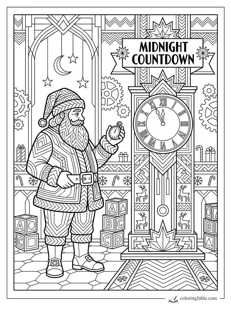 Art Deco Santa holding a pocket watch beside a midnight countdown clock with gears, stars, and toy blocks.