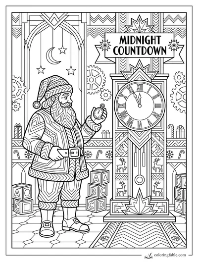 Art Deco Santa holding a pocket watch beside a midnight countdown clock with gears, stars, and toy blocks.