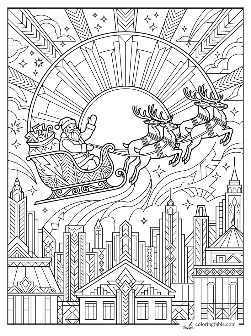 Art deco Santa in a sleigh with three reindeer above a geometric city skyline and sunburst sky