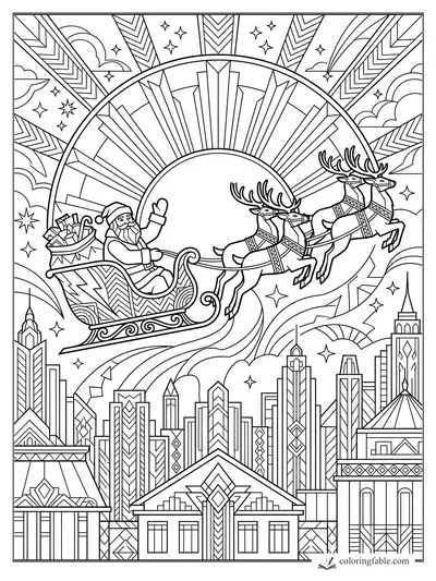 Art deco Santa in a sleigh with three reindeer above a geometric city skyline and sunburst sky