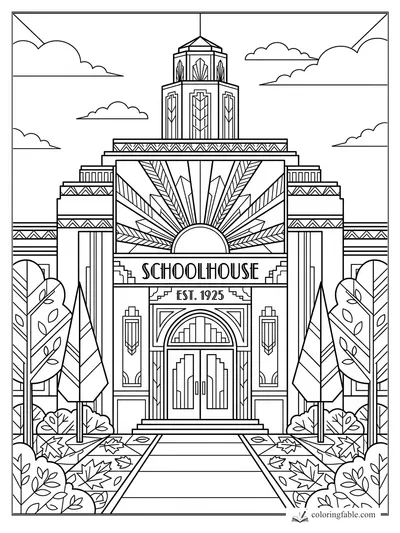 Intricate art deco schoolhouse facade with sunburst panel, 1925 sign, clouds, trees, and fallen leaves