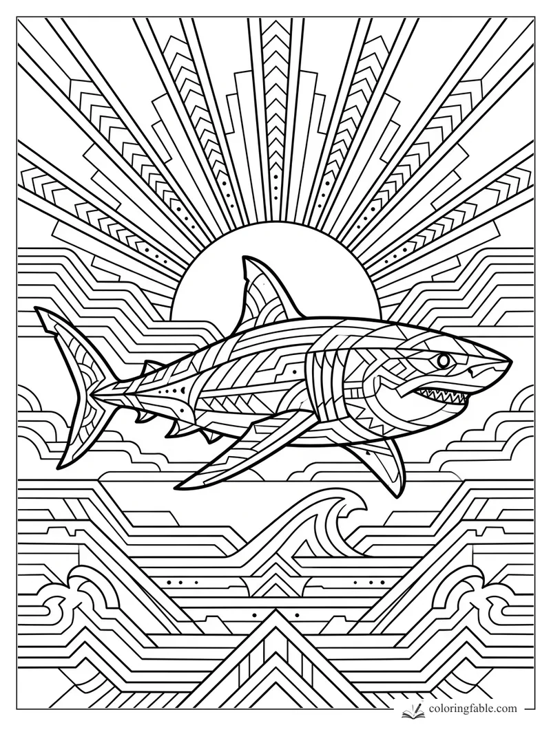 Intricate art deco shark swimming across a sunburst, wave, and geometric ocean pattern
