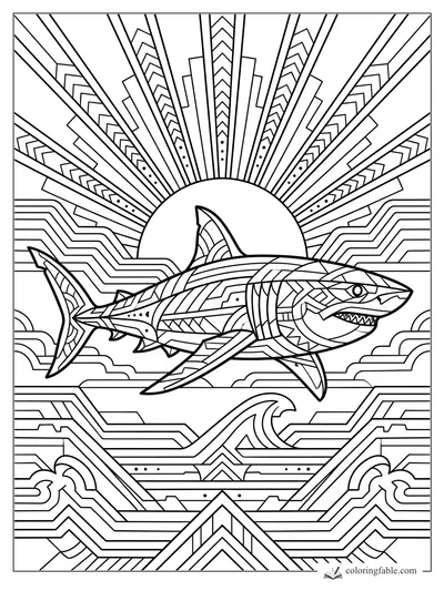 Intricate art deco shark swimming across a sunburst, wave, and geometric ocean pattern