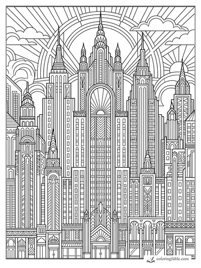 Intricate art deco city skyline with stepped towers, spires, clouds, and sunburst arches