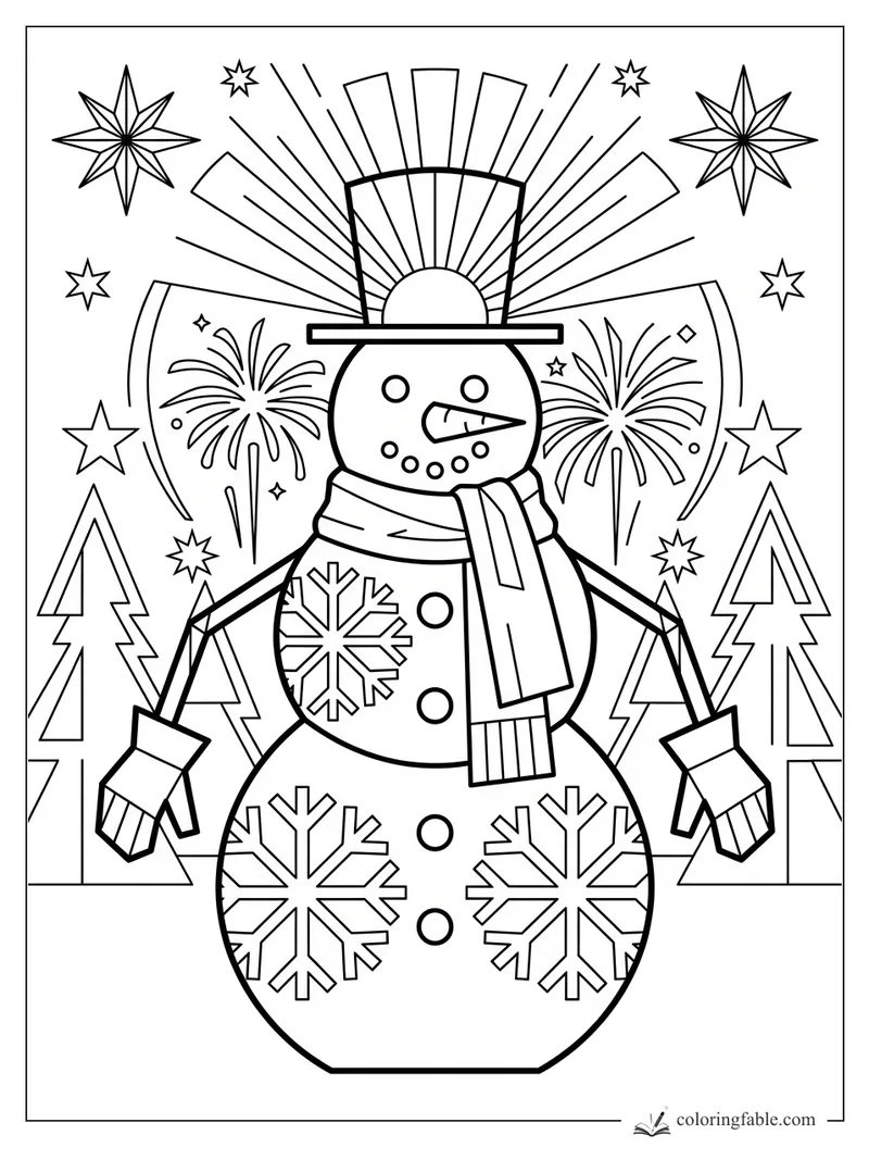 Art deco snowman with top hat, scarf, mittens, fireworks, stars, pine trees, and snowflake designs