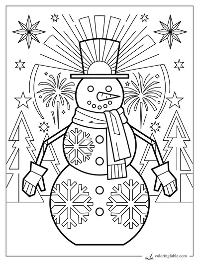 Art deco snowman with top hat, scarf, mittens, fireworks, stars, pine trees, and snowflake designs