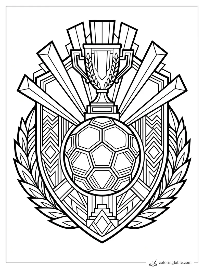 Intricate art deco soccer ball crest with trophy, laurel leaves, sunburst beams, and geometric panels
