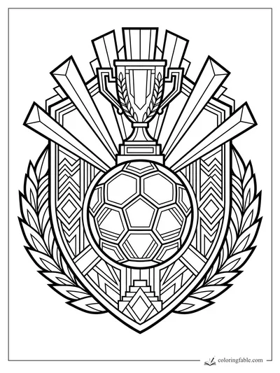 Intricate art deco soccer ball crest with trophy, laurel leaves, sunburst beams, and geometric panels