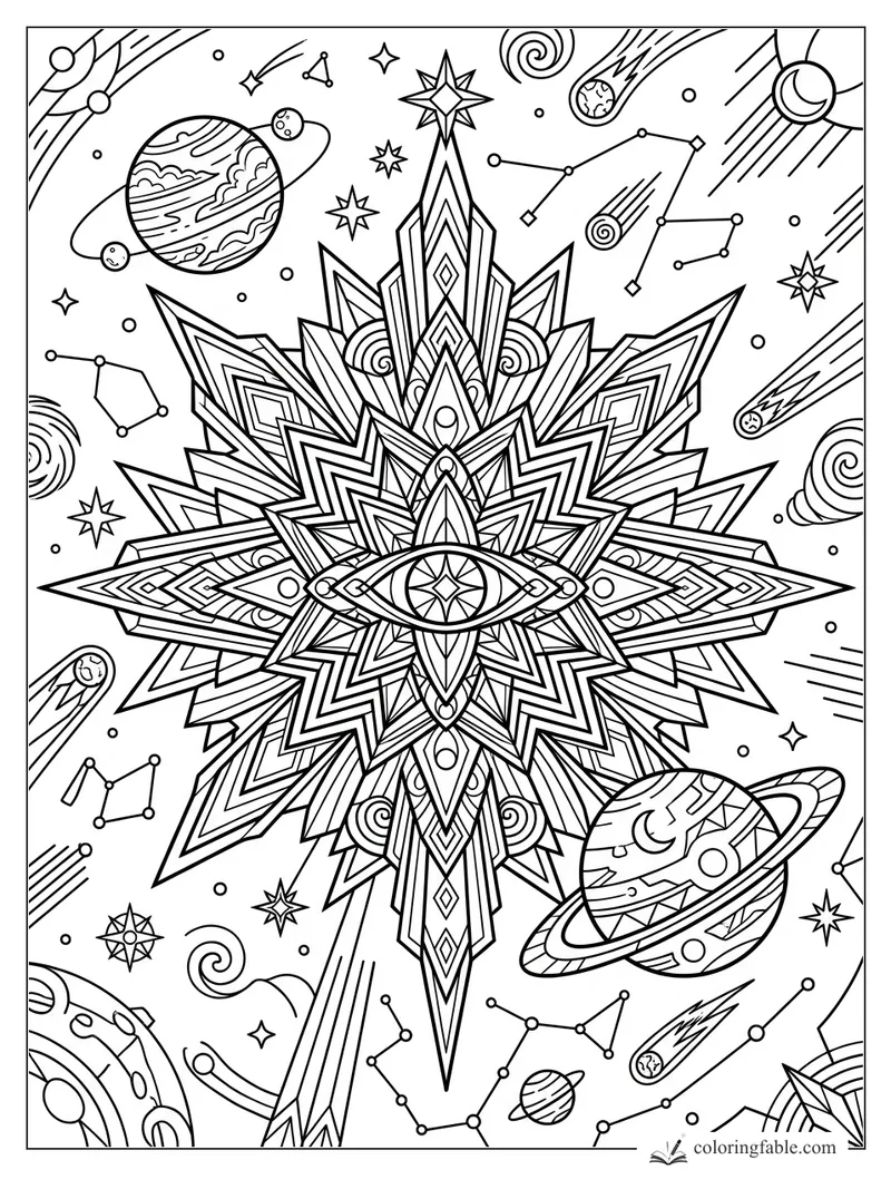Intricate art deco star compass with central eye, planets, comets, constellations, and spiral galaxies