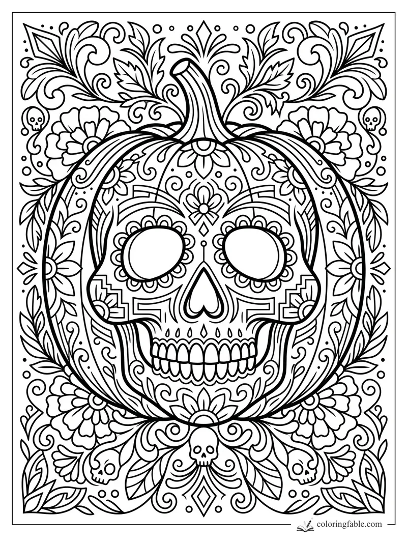 Art deco jack-o’-lantern with sugar skull face, flowers, leaves, vines, and tiny skull ornaments