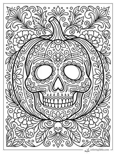 Art deco jack-o’-lantern with sugar skull face, flowers, leaves, vines, and tiny skull ornaments