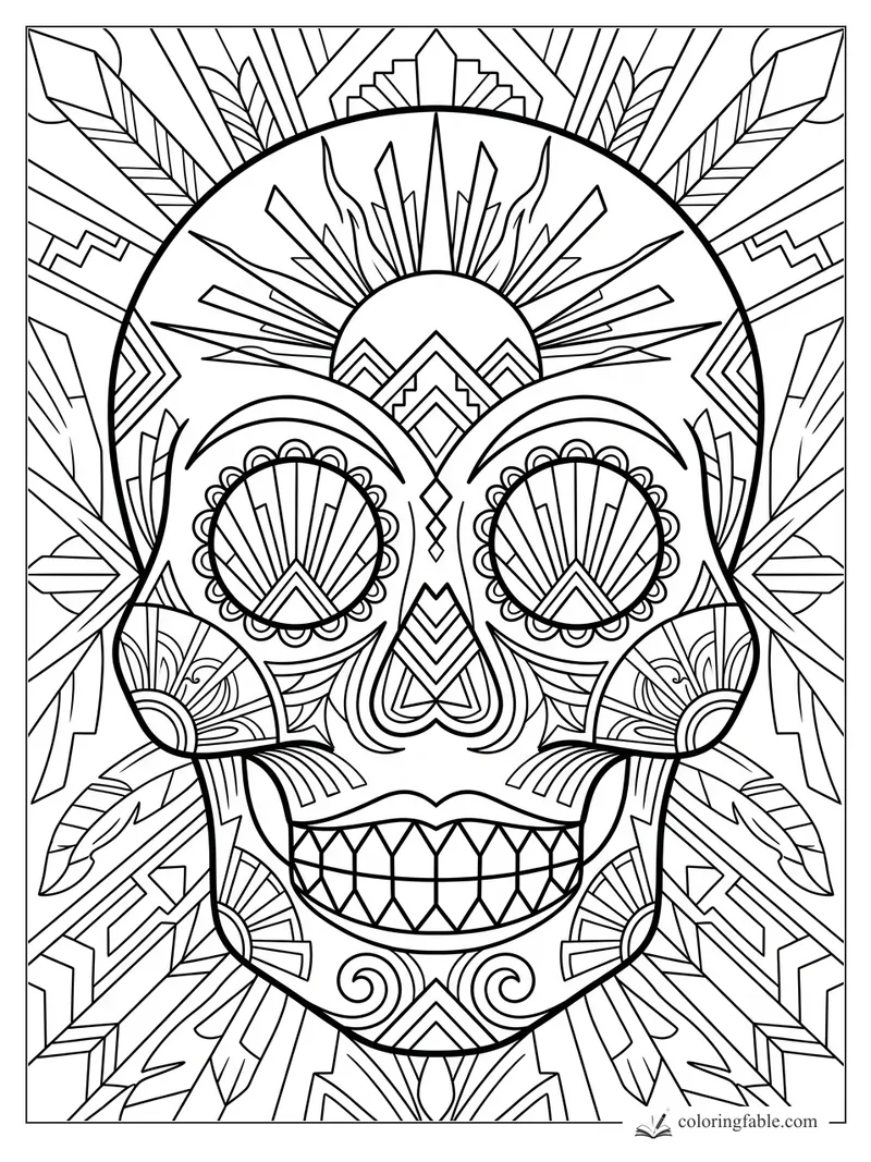 Intricate art deco sugar skull with sunburst eyes, fan flowers, feathers, diamonds, and geometric rays