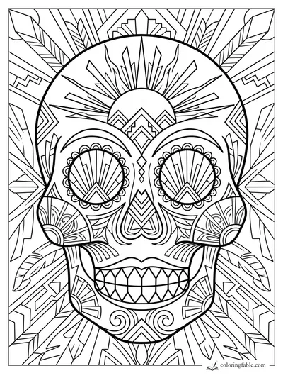 Intricate art deco sugar skull with sunburst eyes, fan flowers, feathers, diamonds, and geometric rays