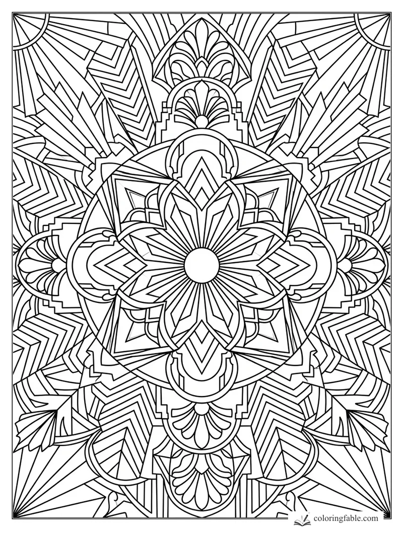 Intricate art deco mandala with sunburst center, fan petals, chevrons, arches, and stepped geometric lines
