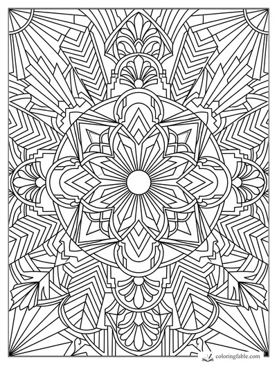 Intricate art deco mandala with sunburst center, fan petals, chevrons, arches, and stepped geometric lines