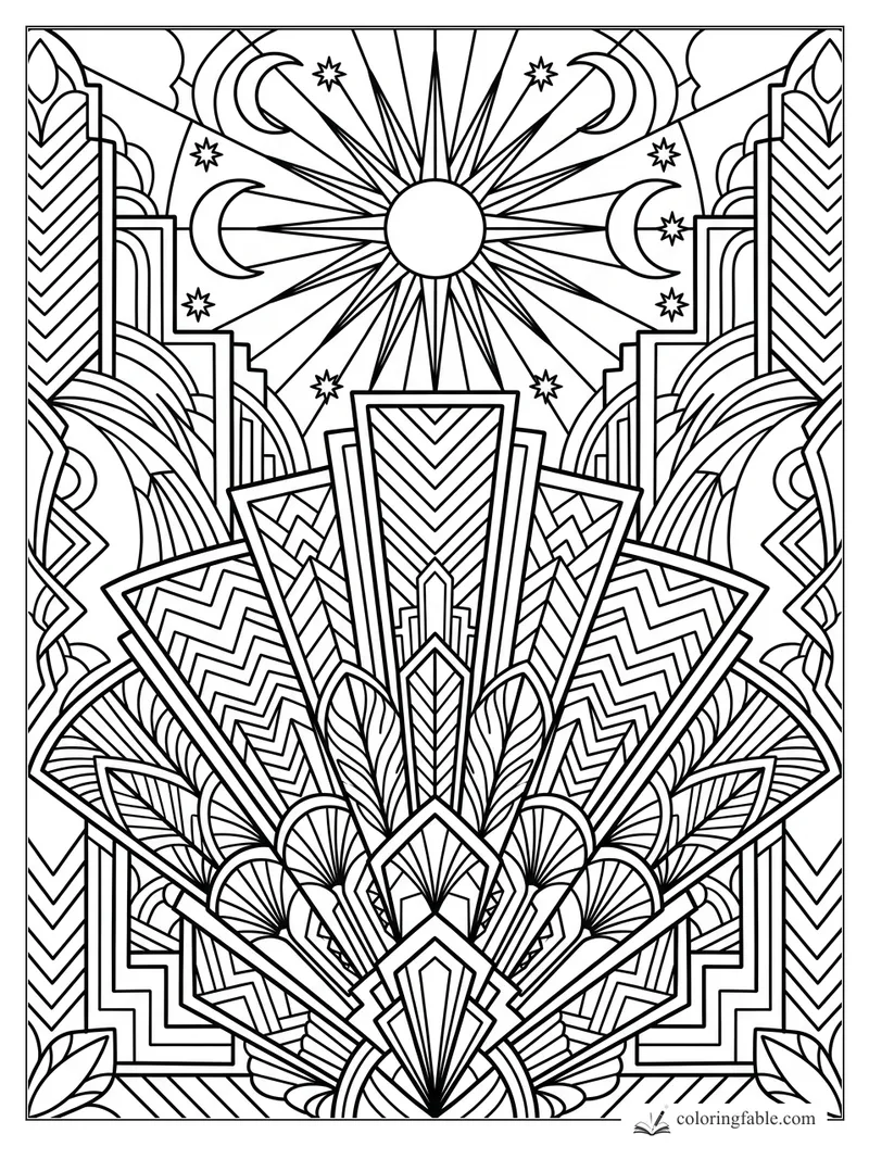 Intricate Art Deco skyline with sunburst, crescent moons, stars, fans, leaves, and chevron towers