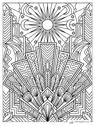 Intricate Art Deco skyline with sunburst, crescent moons, stars, fans, leaves, and chevron towers