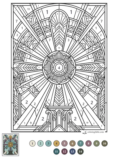 Art Deco Sunburst Window with Stepped Arch — color by number