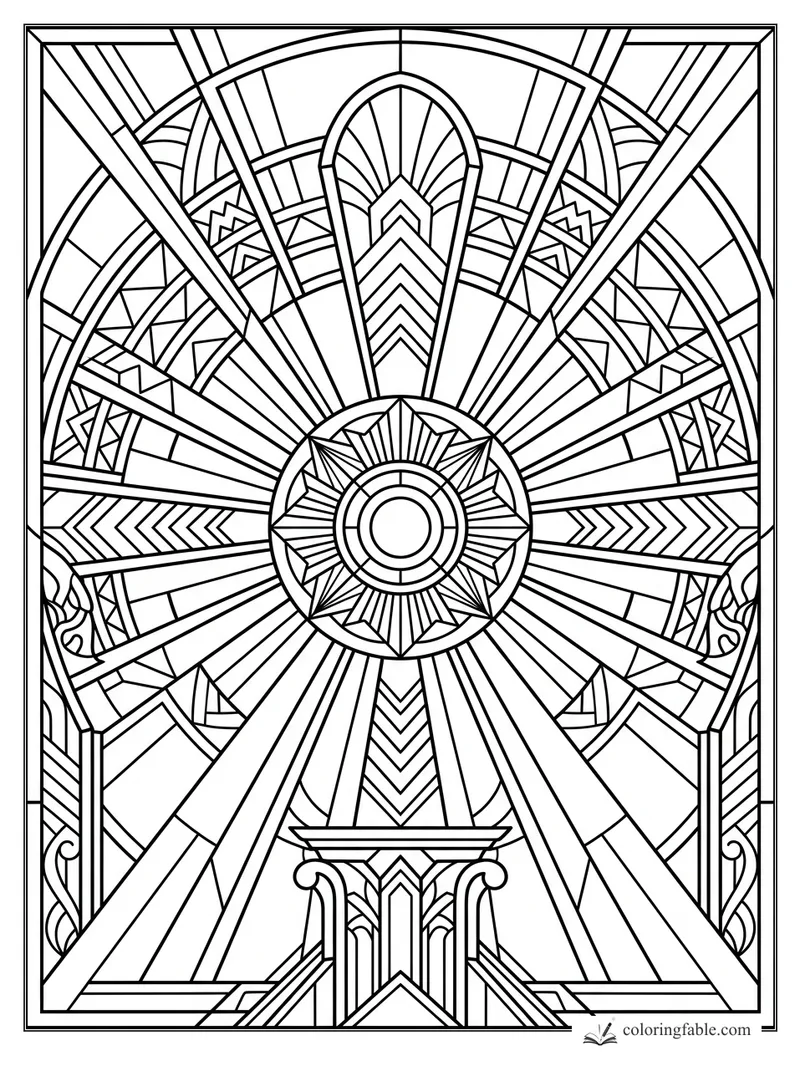 Intricate art deco stained glass sunburst with central medallion, stepped arch, rays, chevrons, and side scrolls.