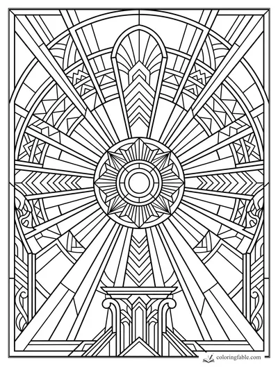 Intricate art deco stained glass sunburst with central medallion, stepped arch, rays, chevrons, and side scrolls.