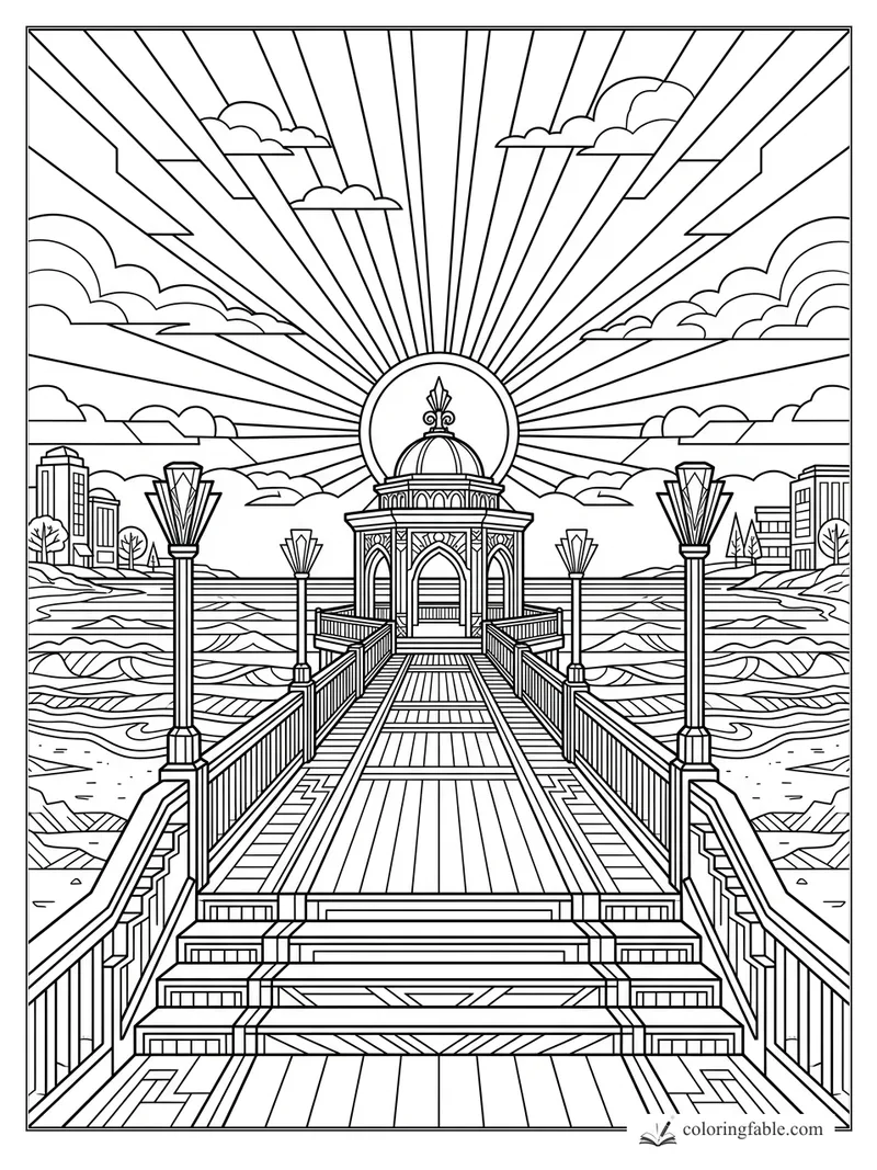 Intricate art deco pier with domed pavilion, lanterns, ocean waves, city skyline, clouds, and sunburst rays.