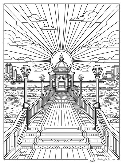 Intricate art deco pier with domed pavilion, lanterns, ocean waves, city skyline, clouds, and sunburst rays.