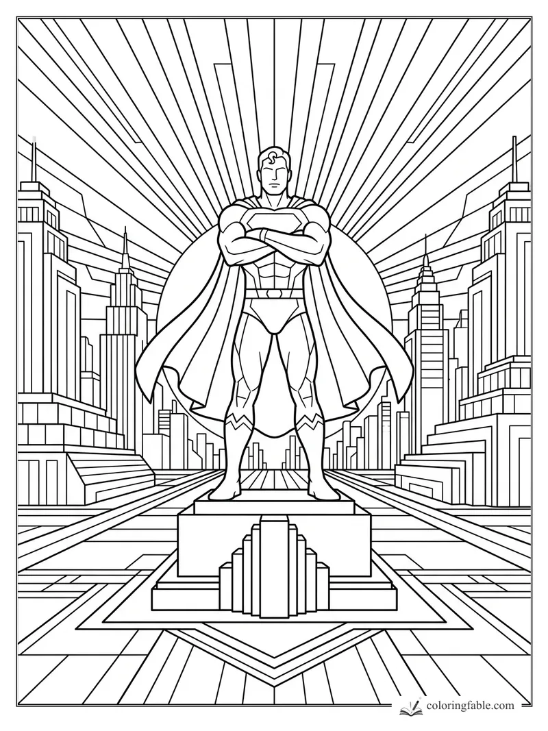 Art deco superhero with crossed arms on a pedestal, cape spread before a geometric city skyline