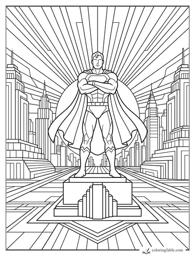Art deco superhero with crossed arms on a pedestal, cape spread before a geometric city skyline