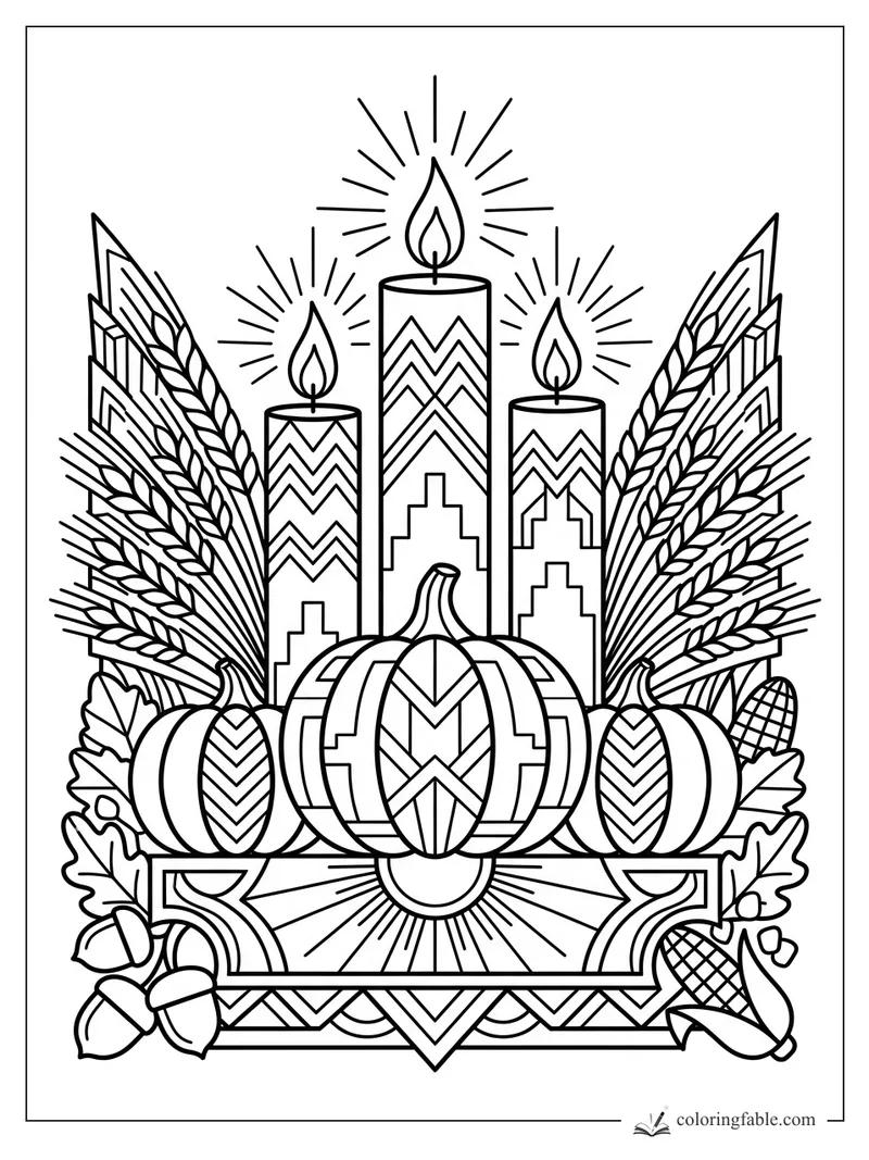 Intricate art deco Thanksgiving coloring page with pumpkins, wheat, acorns, candles, and geometric patterns.