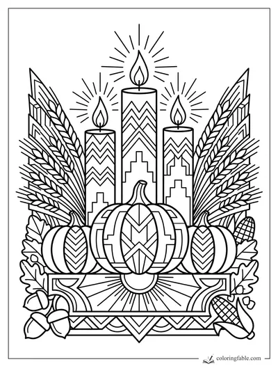 Intricate art deco Thanksgiving coloring page with pumpkins, wheat, acorns, candles, and geometric patterns.
