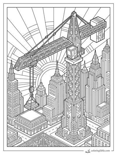 Intricate Art Deco tower crane lifting a crate over a skyscraper city skyline