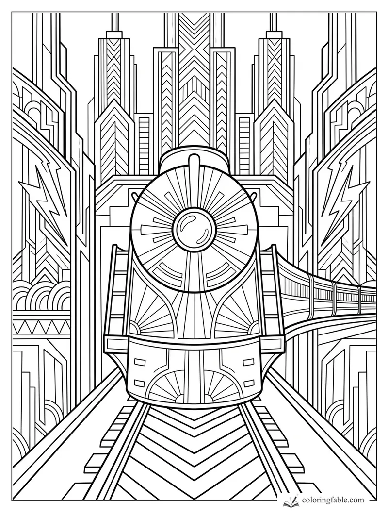 Intricate art deco train facing forward between skyscrapers, lightning panels, and raised city tracks