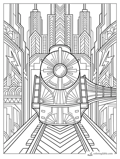 Intricate art deco train facing forward between skyscrapers, lightning panels, and raised city tracks