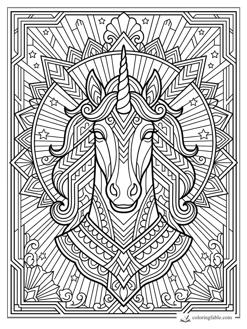 Intricate art deco unicorn head with a spiral horn, sunburst halo, stars, geometric frame, and curling mane.