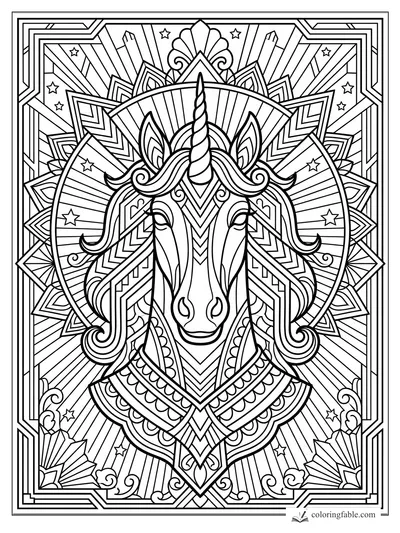 Intricate art deco unicorn head with a spiral horn, sunburst halo, stars, geometric frame, and curling mane.