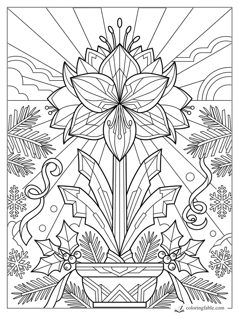 Intricate art deco flower in a pot with sun rays, clouds, pine branches, holly berries, and snowflakes