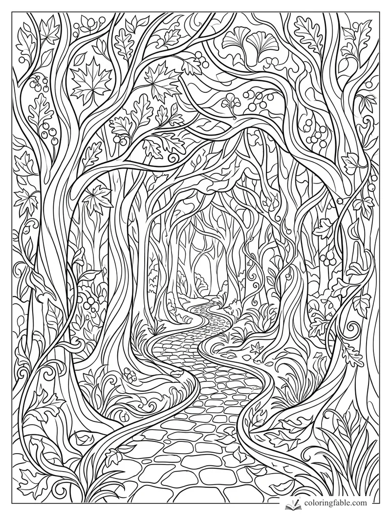 Intricate art nouveau forest path with twisting trees, maple leaves, berries, and ginkgo branches.