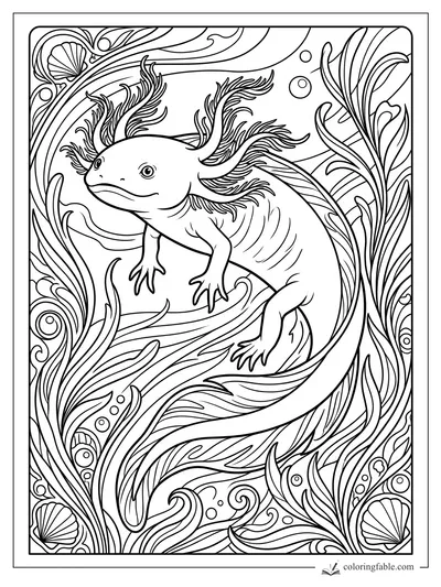 Art nouveau axolotl swimming through curling pond plants, bubbles, and scallop shells.