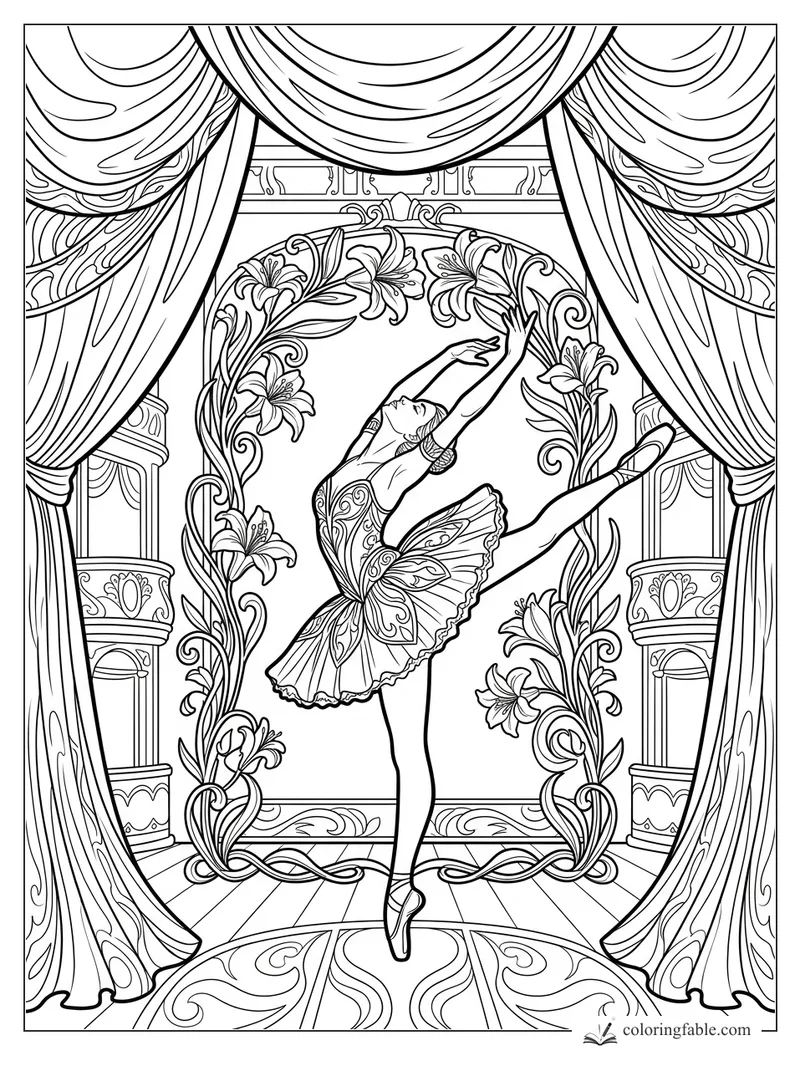 Intricate art nouveau ballerina in arabesque pose framed by lilies, columns, and draped theater curtains.