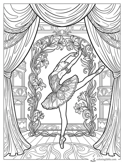 Intricate art nouveau ballerina in arabesque pose framed by lilies, columns, and draped theater curtains.