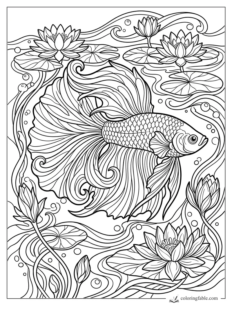 Intricate art nouveau betta fish with flowing fins, lily pads, lotus flowers, bubbles, and swirling pond lines.