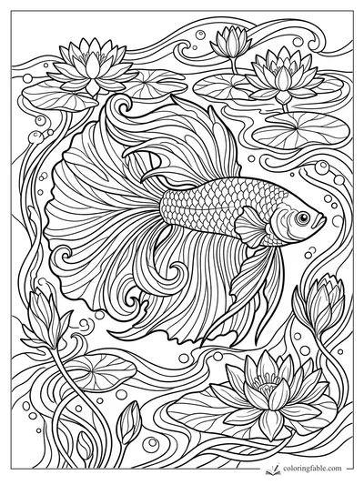 Intricate art nouveau betta fish with flowing fins, lily pads, lotus flowers, bubbles, and swirling pond lines.