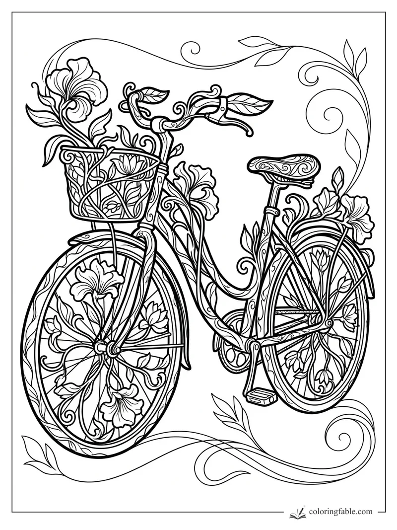 Intricate art nouveau bicycle with flower basket, leafy wheels, curved vines, and patterned saddle