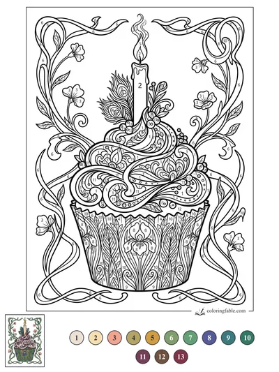 Art Nouveau Birthday Cupcake With Candle and Floral Vines — color by number