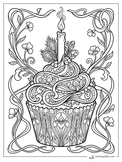 Intricate art nouveau cupcake with one candle, paisley frosting, flowers, vines, and patterned wrapper.