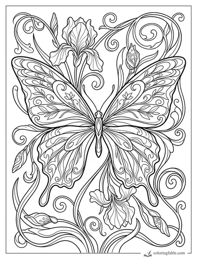 Intricate Art Nouveau butterfly with iris blossoms, curling vines, leaves, and patterned wings