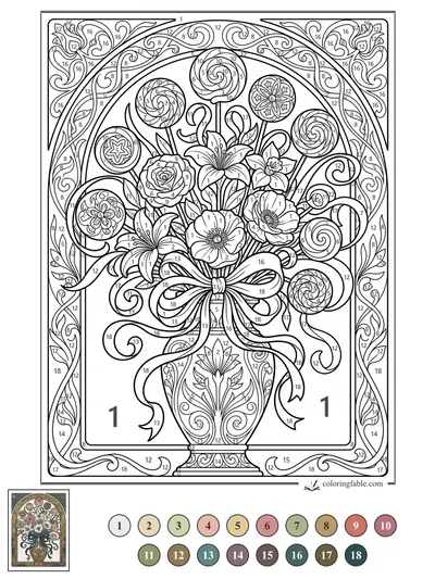 Art Nouveau Candy Bouquet in a Ribboned Vase — color by number