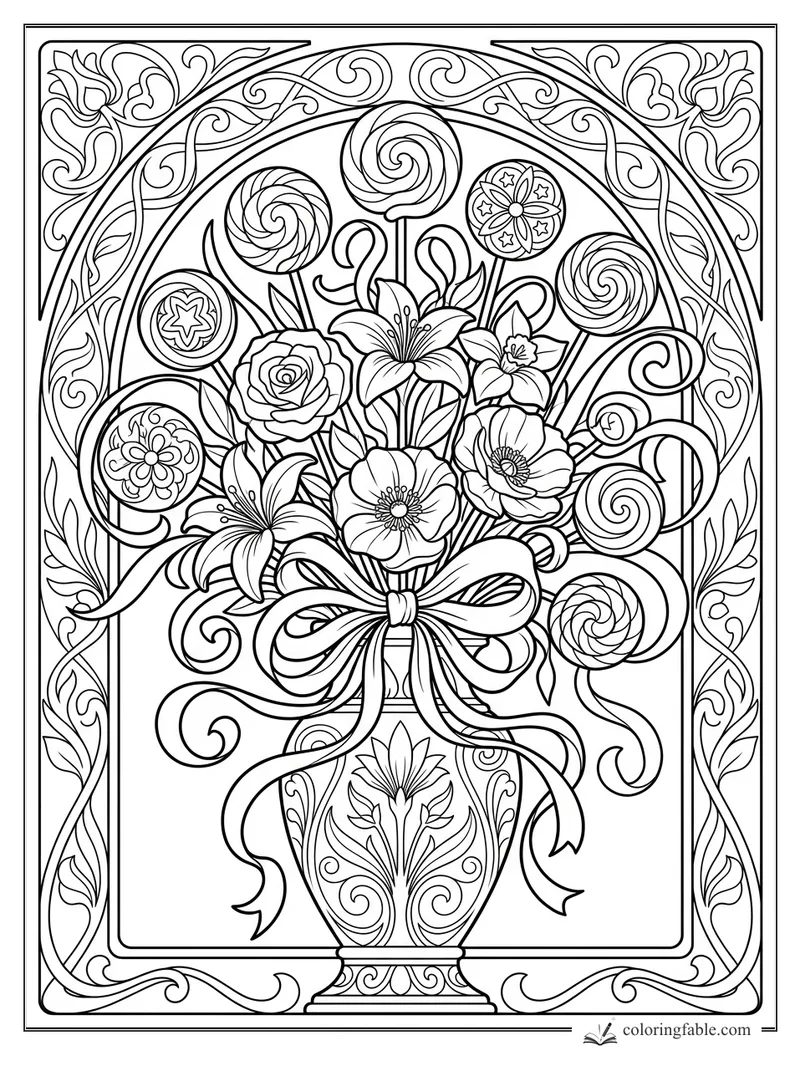 Intricate art nouveau candy bouquet with lollipops, flowers, ribboned vase, and swirling floral border